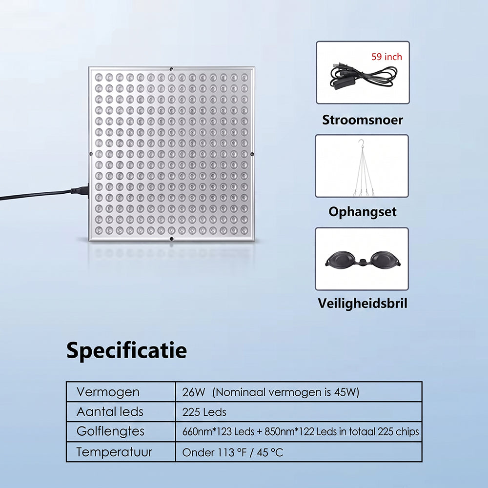 Herfkoning Roodlichttherapie Lamp - 225 LEDs & Dubbele Golflengte